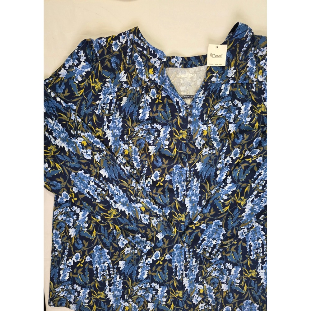 Lands End Womens 2X Blue Floral Tencel Modal Henley Long Sleeve Blouse Top NWT - Picture 5 of 16